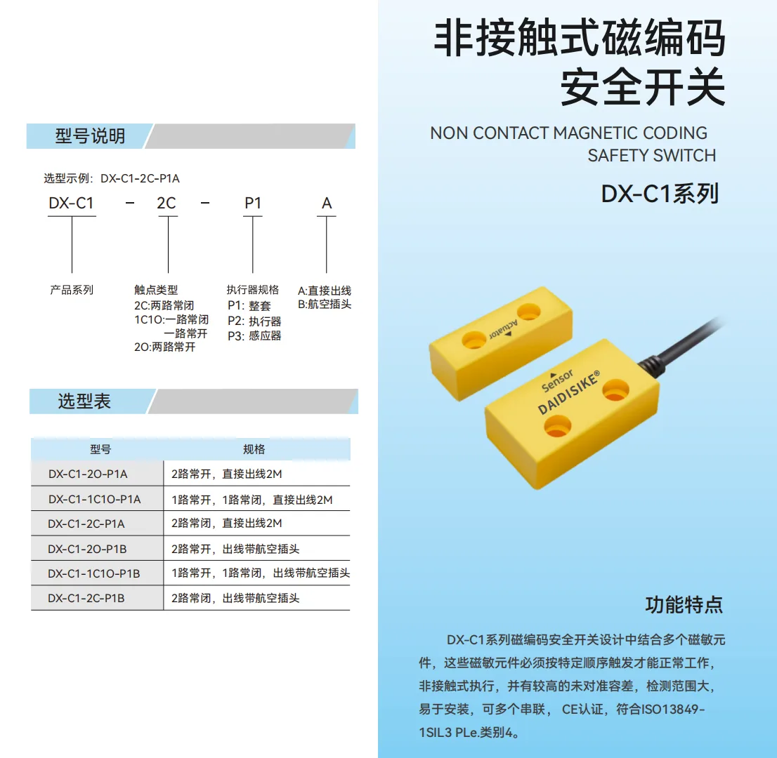 戴迪斯科 DX-C1 非接触式磁编码安全开关|17mm大感应距离|三种触点配置可串联|国产替代
