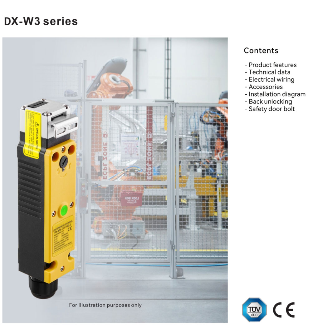 DX-W3安全门锁画册封面,金属操作头电磁联锁开关