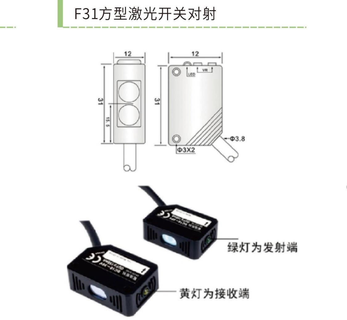 F31 方形激光光电开关|漫反射 1-300mm 可调 + 对射 50m|650nm 红激光 · NPN/PNP