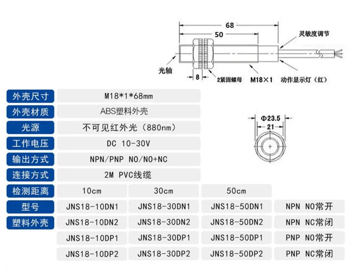 戴迪斯科 JNS18/JNK18 M18漫反射光电开关｜漫反射最远3m免反射板｜七档距离28款型号｜国产替代 主图 15
