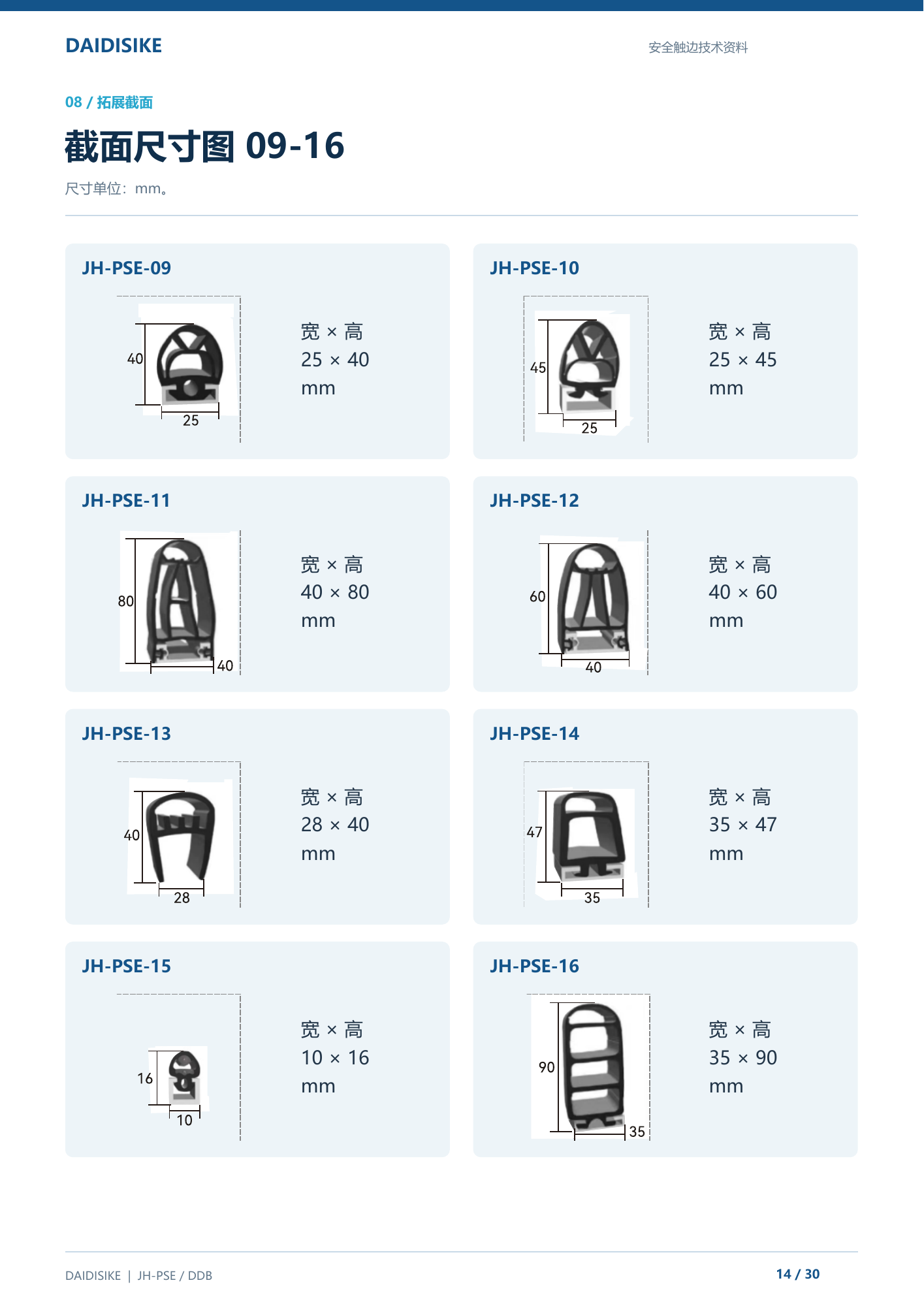 JH-PSE拓展截面09-16尺寸图，单位mm